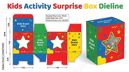 Flat dieline template for a colorful kids activity surprise box