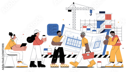 Team collaborates on construction plans with tools and blueprints