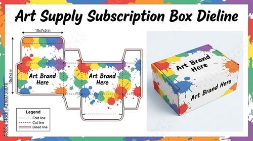 Flat dieline template for art supply subscription box with colorful paint splatter design