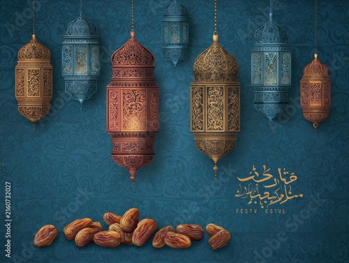 Ramadan lanterns and dates on blue.