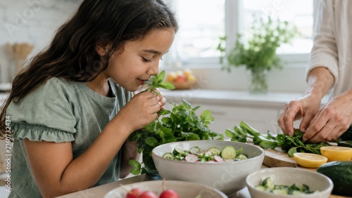 Child sniffing fresh herbs showing a girl examining leafy greens among colorful market produce view
