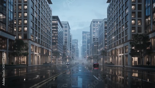 Cars driving on a wet city street between modern buildings at dusk