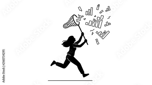 Woman leaping to catch disappearing Wi-Fi signal icons in mid-air illustration
