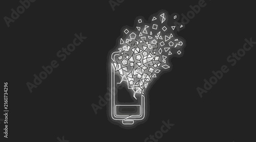 Broken smartphone battery icon disintegrating into geometric shards on black background