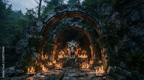 Mystical stone altar with animal skull and fire. Ancient ritual cave entrance in a dark forest. Pagan shrine with burning torches.