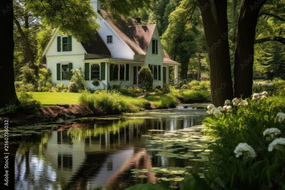 Fototapeta premium White cottage grass tree pond.