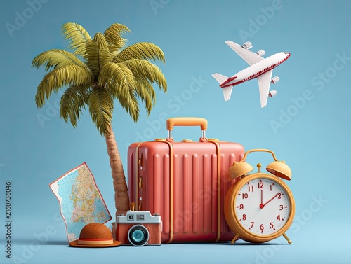 Travel essentials on a blue background.