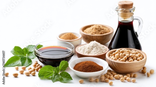 Collection of soy-based food products including sauce, flour, powder, and beans, arranged artistically with fresh green herbs