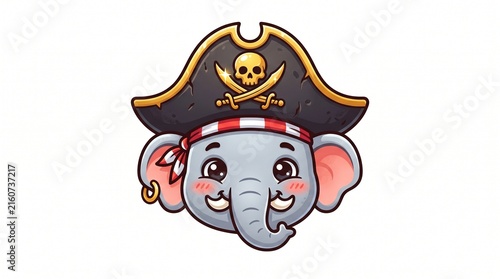 Cute Pirate Elephant Character Wearing Hat and Gold Earring Illustration