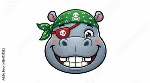 Cute cartoon pirate hippo head with green bandana and eyepatch