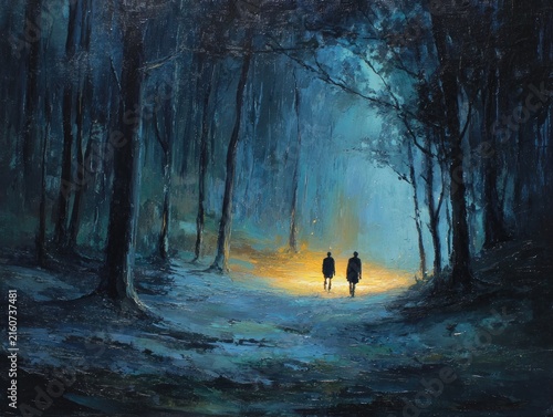 Two people walking in a forest.