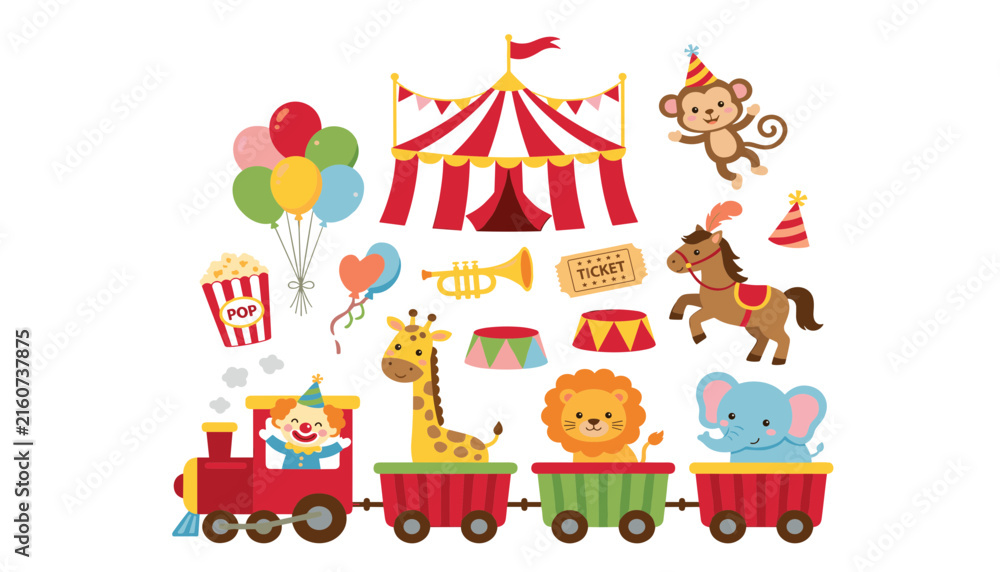Naklejka premium Cute cartoon circus vector elements set featuring animal train, big top tent, clown, and carnival performance.