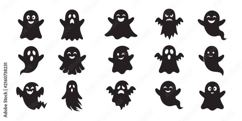 Obraz premium Collection of adorable black silhouette ghosts with varying expressions perfect for halloween designs and spooky season graphics