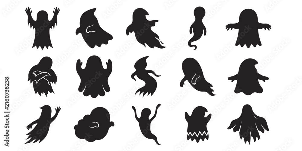 Obraz premium Collection of spooky black silhouette ghosts in various poses for halloween designs and eerie themed artwork