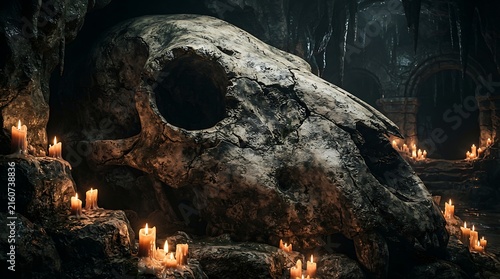 Ancient giant skull in dark cave, mystical dragon remains with glowing candles, gothic fantasy dungeon background