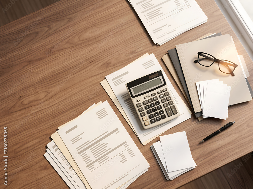 Obraz premium Tax Planning Documents with Calculator and Financial Paperwork