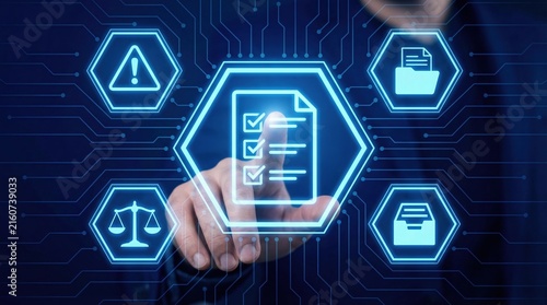 Business compliance legal requirements assurance standard concept with checklist document and icons on digital interface