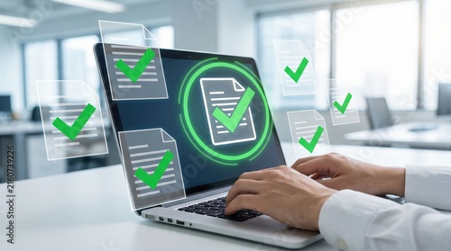 Business compliance and legal requirements assurance is shown on laptop with check marks confirming standard document approval in office setting