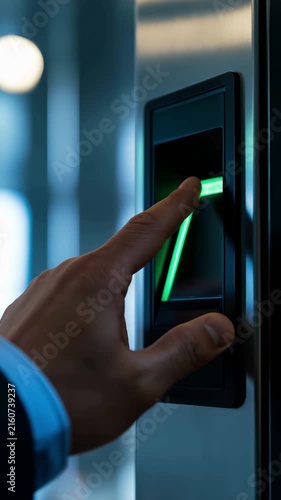 Male employes push sensors to record corporate attendance time and after work using fingerprint scanning.
