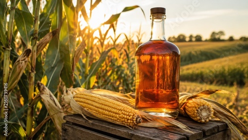 Bottle of bourbon with corn showing bourbon among dry corn leaves in warm agricultural light view