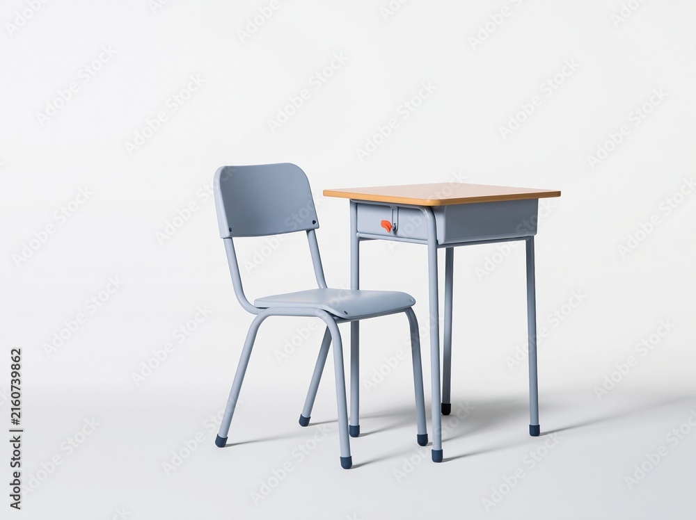 Fototapeta premium School desk and chair set with a smooth matte frame and birch plywood edge, isolated on a white background for furniture catalogues and mockups