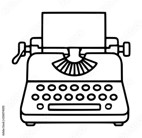 Hand-drawn vector icon illustration of a classic vintage typewriter featuring round keys, side roller handles, typebars, and an inserted paper sheet. Minimalist monochrome outline design.