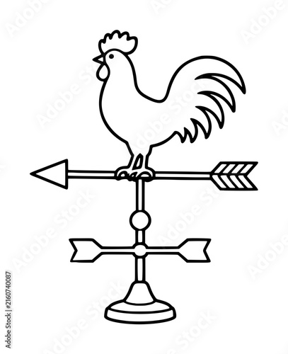 Hand-drawn black and white vector illustration of a traditional rooster weather vane with directional arrows, ornamental pole, and round base, perfect for farm and countryside design projects