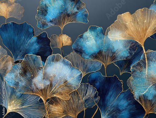 Vibrant Blue and Gold Leaf Patterns.