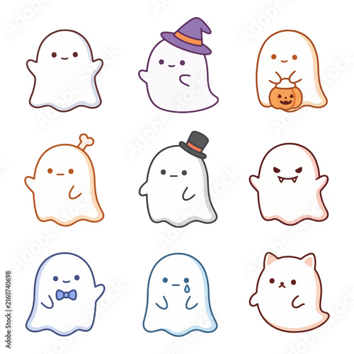 Kawaii Halloween Ghost Character Set Vector Illustration