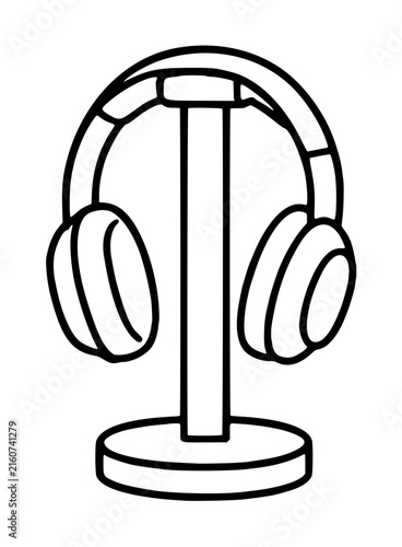 Hand-Traced Black and White Vector Icon of Over-Ear Headphones on a Tabletop Stand