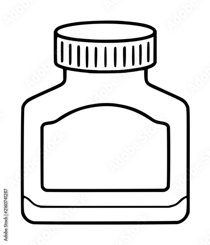 Black and white hand-drawn vector illustration of a classic ink bottle with ribbed screw cap and blank label, isolated icon for writing and calligraphy themes