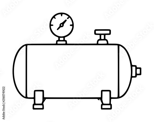 Hand-drawn vector icon of a horizontal compressed air tank featuring a circular pressure gauge on top and sturdy support legs, clean black outline illustration on transparent background