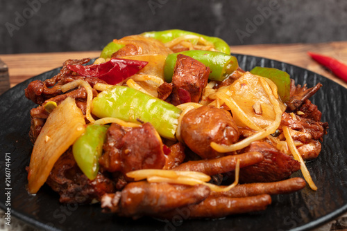 Stir Fried Chicken Feet with Peppers, Cabbage and Tofu