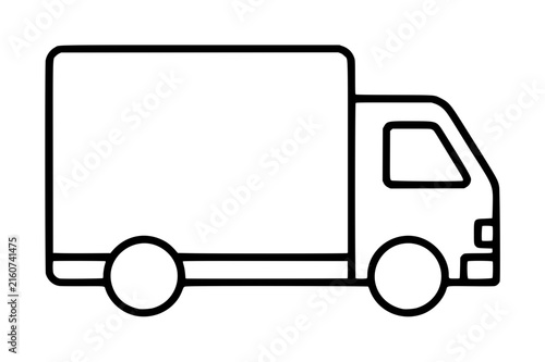 Hand-traced black outline vector icon of a delivery van, featuring a boxy cargo body, rounded cab, windshield, bumper details, and two circular wheels