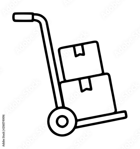 Foto Hand-traced vector line icon illustration of a flatbed dolly hand truck loaded with two stacked cardboard shipping boxes, ideal for logistics and delivery graphic design projects