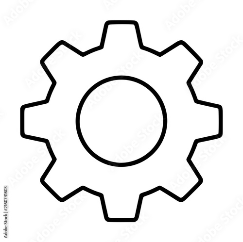 Minimalist black outlined gear cogwheel vector icon with eight teeth and circular center hole, clean hand-traced line art design isolated on white background, representing settings and configuration