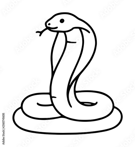Hand drawn cobra snake vector icon illustration with coiled body, flared hood, and forked tongue in minimalist black outline style on a white background for reptile design