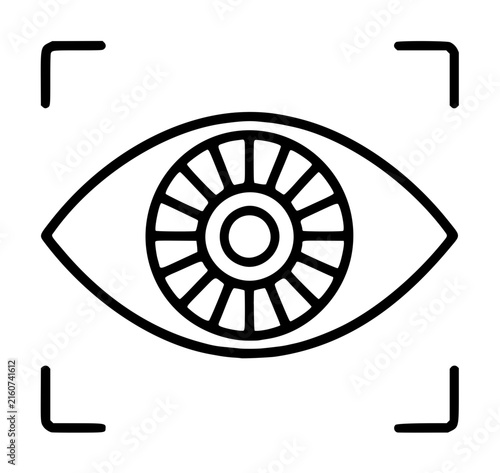 Hand-traced vector icon of an iris scanner with detailed eye, intricate iris pattern, and corner viewfinder brackets in black line illustration style
