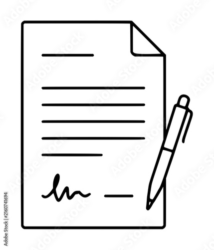Professional minimalist vector icon of a contract paper with a pen and signature. This clean line art illustration represents a legal agreement, business document, or formal application form.