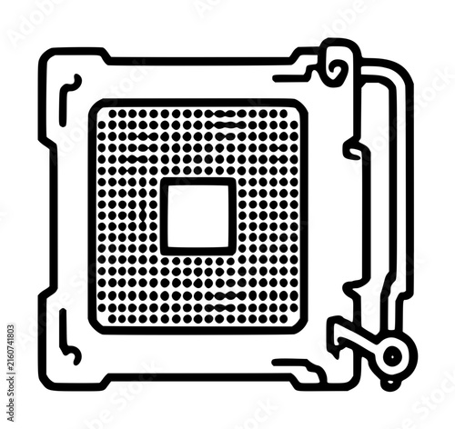 Hand-drawn black vector illustration of a microchip socket with grid contact pins and mechanical locking lever, detailed technical line art icon design, monochromatic circuitry hardware component