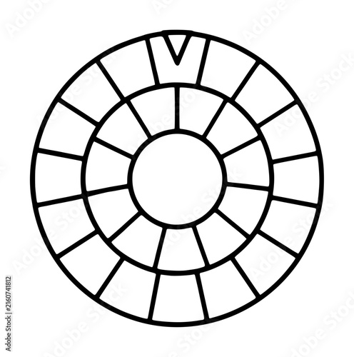 Hand-traced black vector icon illustration of a vintage cipher wheel featuring a circular dial with segmented chambers and an indicator arrow, isolated on white background for educational use