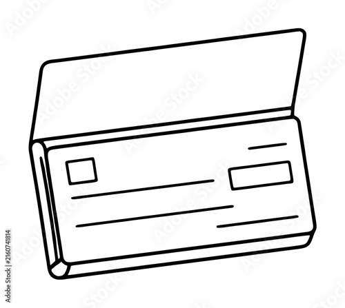 Hand-drawn black and white vector illustration icon of an open blank checkbook with ruled lines and rectangular fields, minimalist outline style for finance and banking design projects