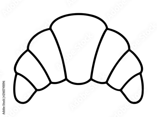 Classic crescent-shaped French croissant pastry hand-traced vector icon illustration featuring segmented flaky layered dough with curved tapered ends in minimalist black outline line art