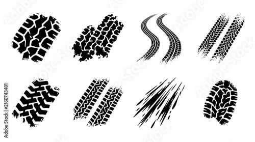 Tire tread marks and wheel track patterns for motorsport, rally, off-road and racing. Black skid marks with grunge texture, splash effect, and dirty tire prints for automotive design. Rubber tracks
