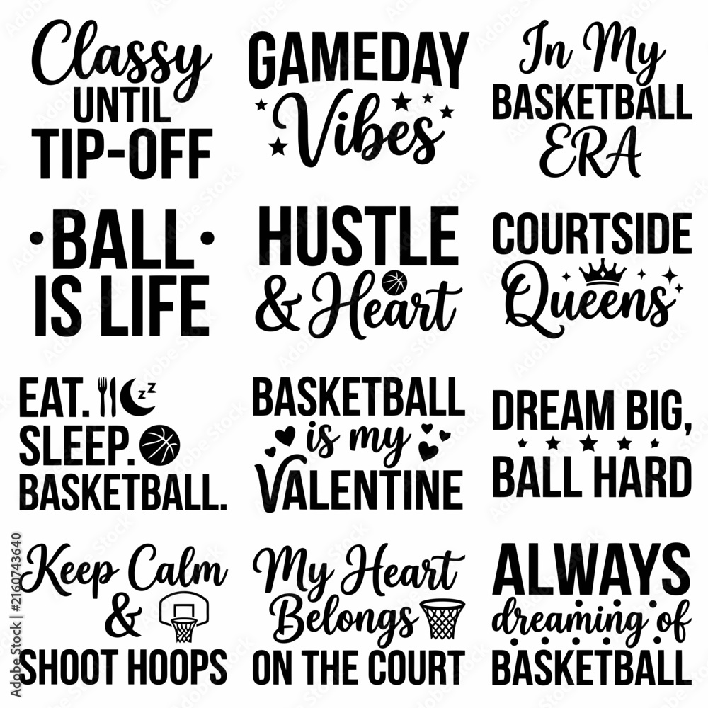 Obraz premium Basketball slogans set with playful typography and star accents featuring phrases, sports