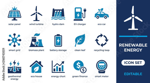 Renewable energy icons set with solar, wind, hydro, and electric vehicle symbols for green technology
