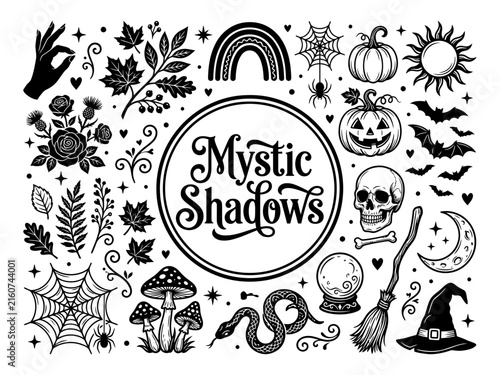 Halloween mystic shadows design element collection with magic symbols and icons