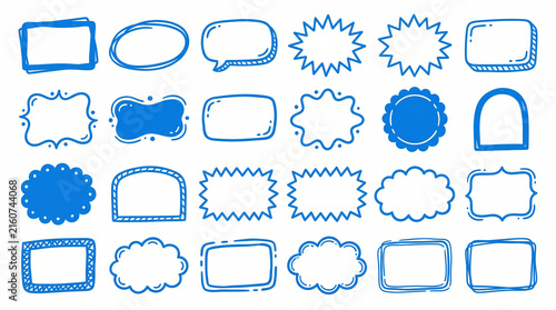 Hand drawn blue doodle speech bubbles, frames and borders set. Sketchy outline talk clouds, ornate frames, and jagged banners for bullet journaling, note-taking, and school scrapbook projects.