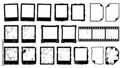 Vintage Polaroid Photo Frame Set and Film Strip Mockups with Distressed Grunge Texture, Torn Paper Edges, Cracked Borders, and Curled Page Corners for Retro Photography Collage Graphic Resource.