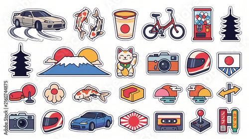 Japanese Pop Culture and Retro Aesthetic Sticker Pack featuring JDM Drift Car, Mount Fuji, Sushi, Koi Fish, Maneki Neko, Pagoda, Arcade Joystick, and Neon Signs. Vector Graphic Set for Japanese Style.